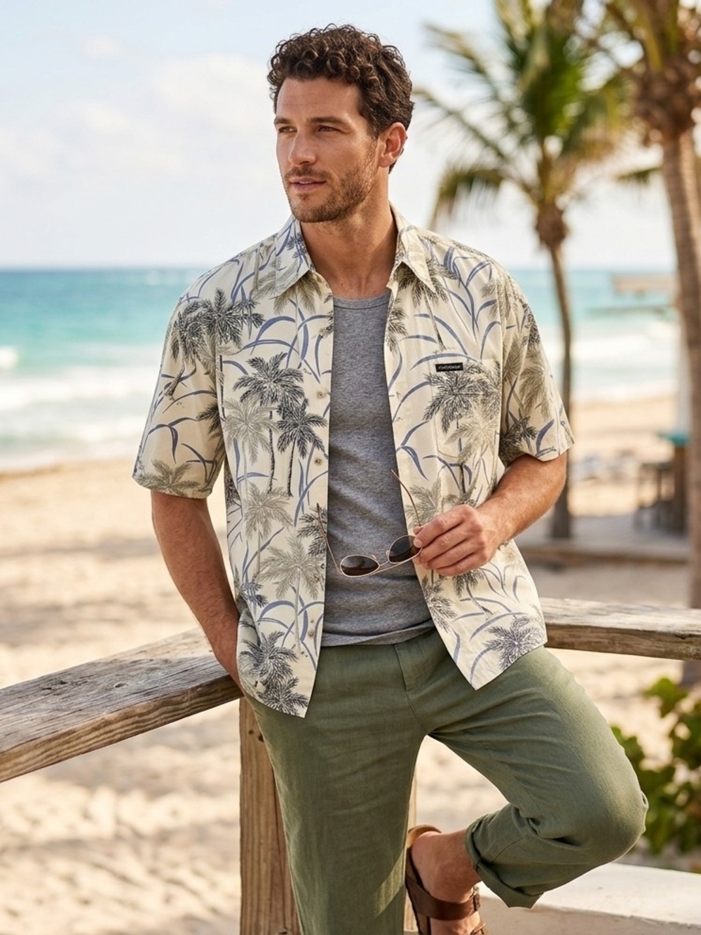 Pierre Cardin Cream Palm-Print Short Sleeve Button-Down Shirt